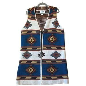 Aztec Southwestern Tribal Knit Vest Long Duster Sleeveless knit Cardigan size XL